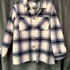 Time and Tru Blue & Cream Plaid Button-Front Shacket